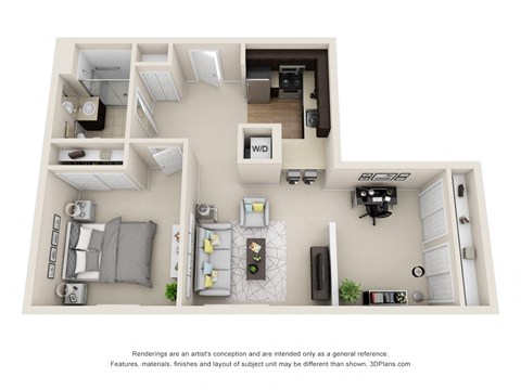 Floor plan for 1 bed, 1 bath, 743 sqft